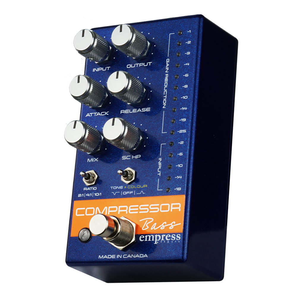  EMPRESS EFFECTS BASS COMPRESSOR BLUE AND SILVER SPARKLE  BLUE PEDAL ON TRANSPARENT BACKGROUND FRONT AND RIGHT SIDE PEDAL VIEW