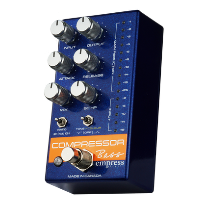  EMPRESS EFFECTS BASS COMPRESSOR BLUE AND SILVER SPARKLE  BLUE PEDAL ON TRANSPARENT BACKGROUND FRONT AND RIGHT SIDE PEDAL VIEW
