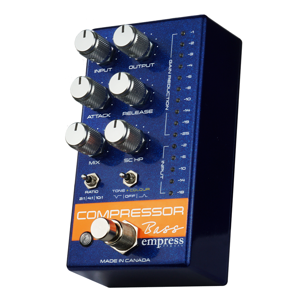 EMPRESS EFFECTS BASS COMPRESSOR BLUE AND SILVER SPARKLE BASS COMPRESSOR FRONT RIGHT SIDE VIEW WITH TRANSPARENT BACKGROUND