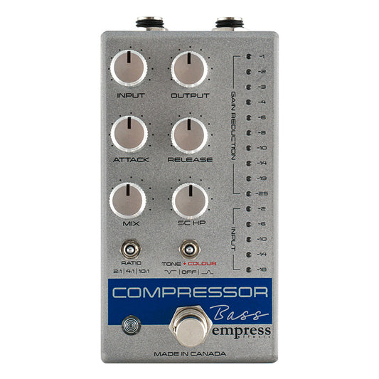 EMPRESS EFFECTS BASS COMPRESSOR BLUE AND SILVER SPARKLE SILVER FRONT VIEW ON WHITE BACKGROUND
