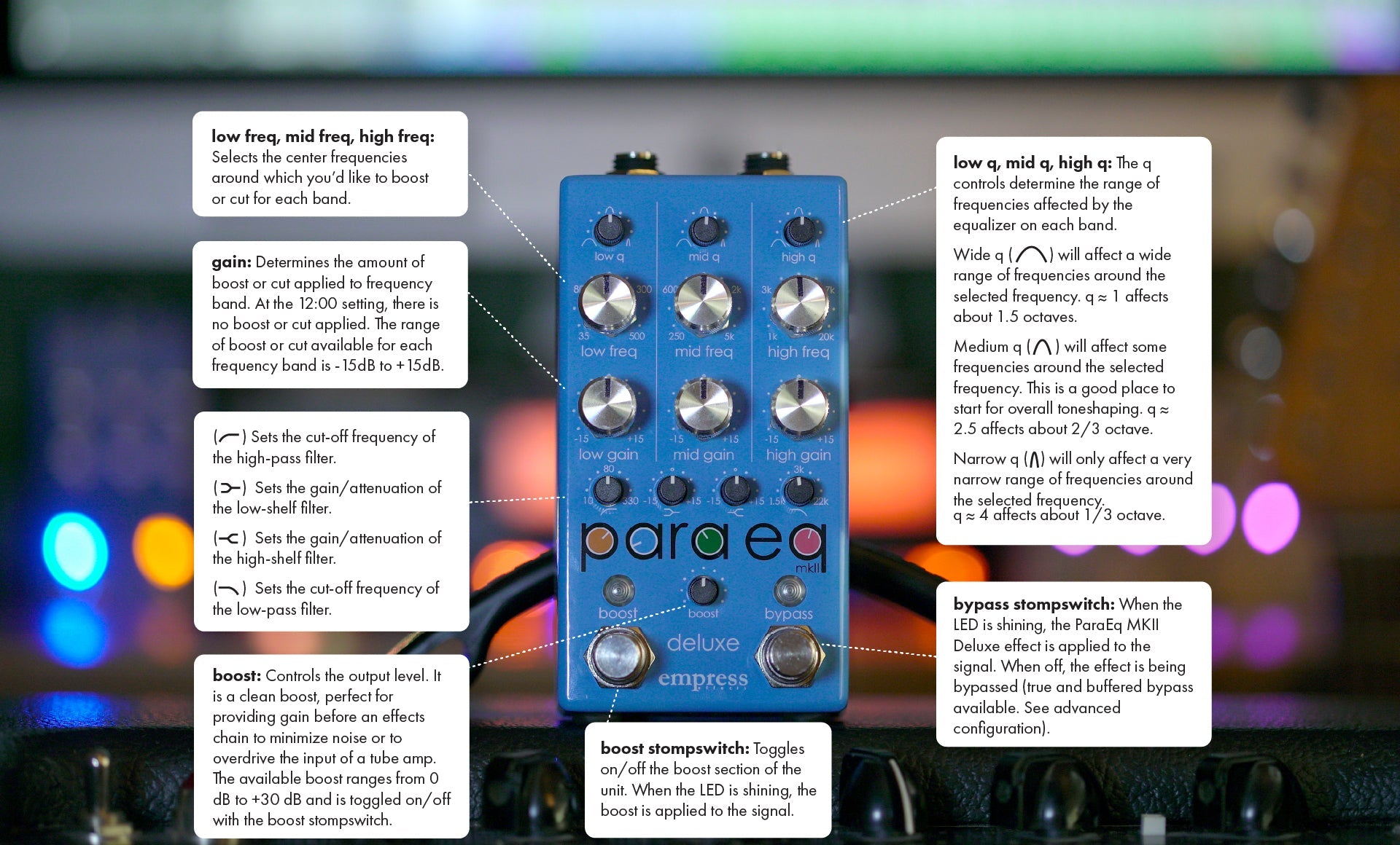  EMPRESS EFFECTS PARAEQ MK II DELUXE DESCRIPTION OF KNOW AND BUTTON FUNCTIONS AMP AND LIGHTS IN BACKGROUND